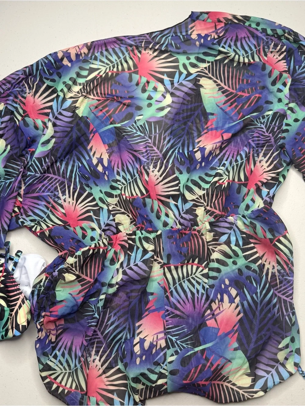 Tropical 3 Piece Bikini & Sheer Cover Up Romper Size New